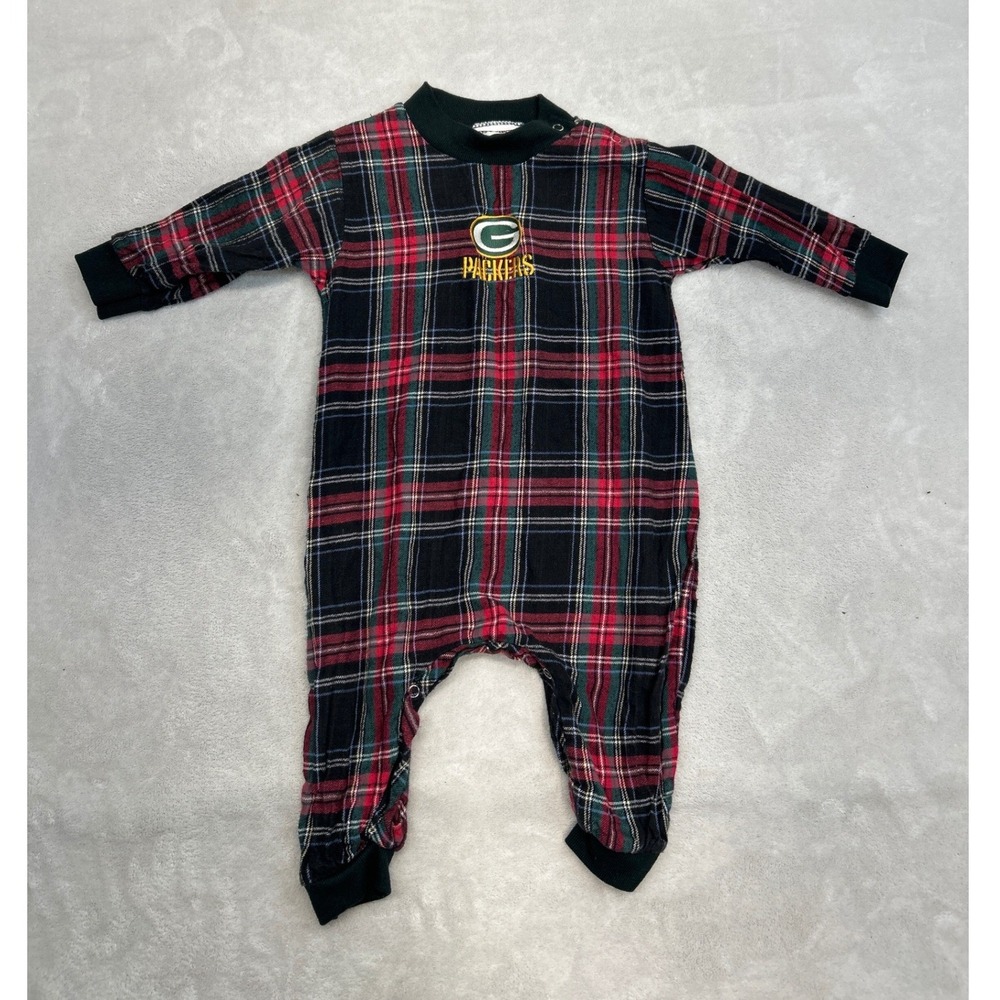 Vintage Packers NFL Football Sleeper 18M Infant Baby Red Plaid Snap One Piece